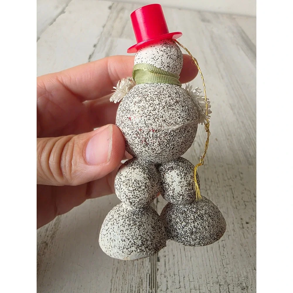 Vintage Japan putz snowman ornament top hat Frosty mica Xmas tree chenille
